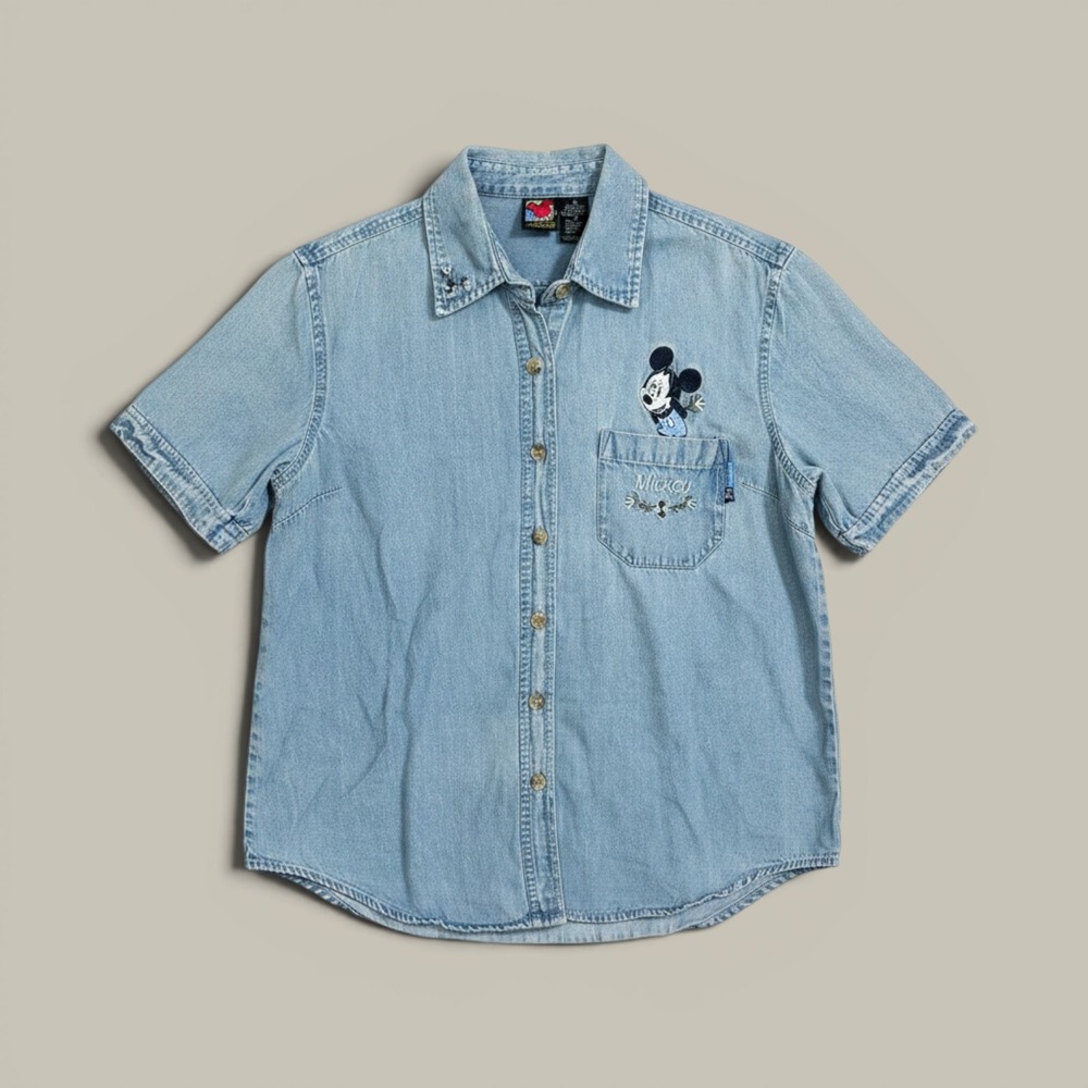 Vintage Mickey Unlimited Jerry Leigh Denim Shirt Womens Medium Blue Embroidered